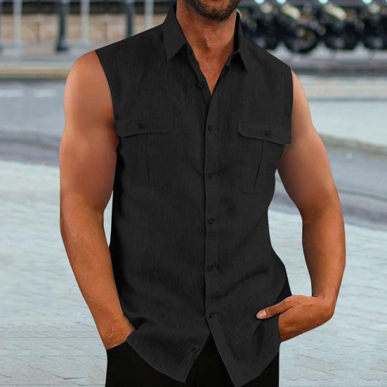 Men Summer Top Sleeveless Solid Color Single-breasted Patch Pockets Mid Length Match Pants Cardigan Lapel Men Summer Vest Men Clothes