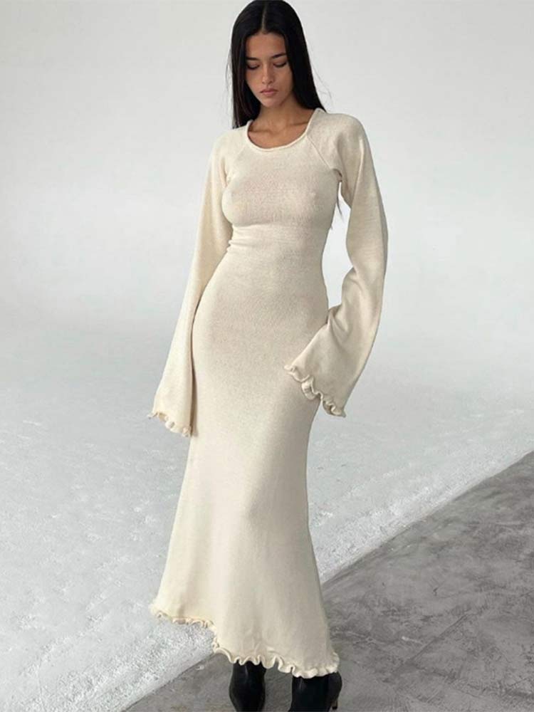 Elegant Flared Long Sleeve O-Neck Dress Women Casual Lace Fishtail Slim Party Dresses Female Fshion Chic Solid Summer Streetwear Dress