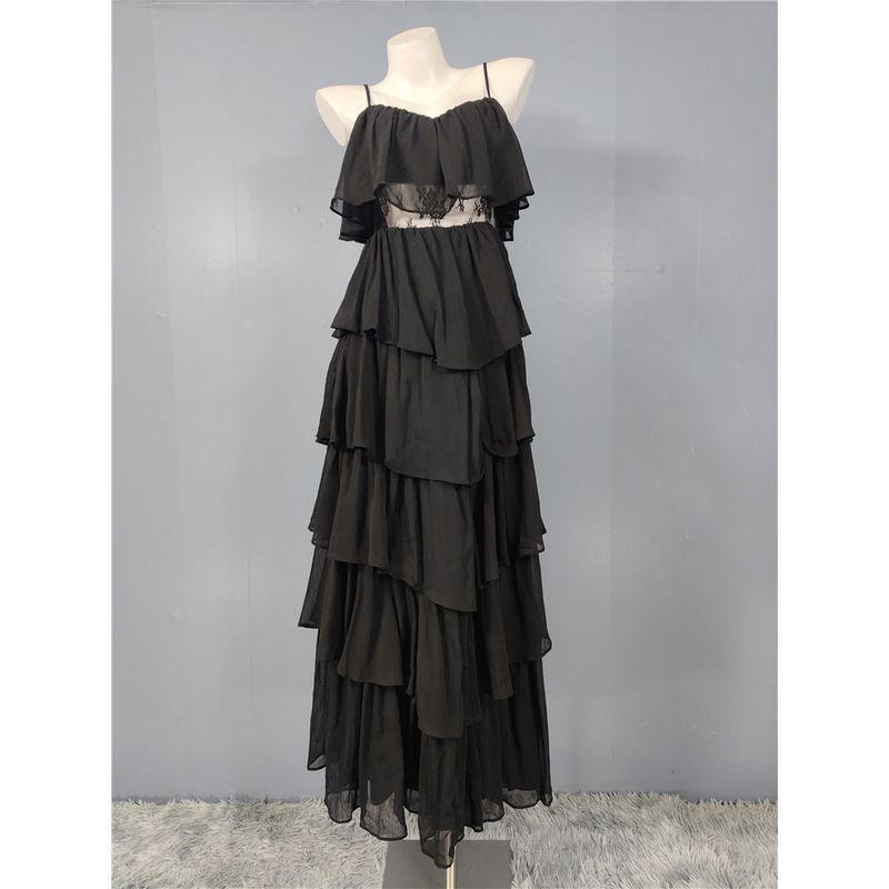 

Export Single Lu s French Style Spaghetti-Strap Ruffle Lace See-through Midriff Outfit Large Swing Dress Tea Khaki Salt Vacation Skirt Black M