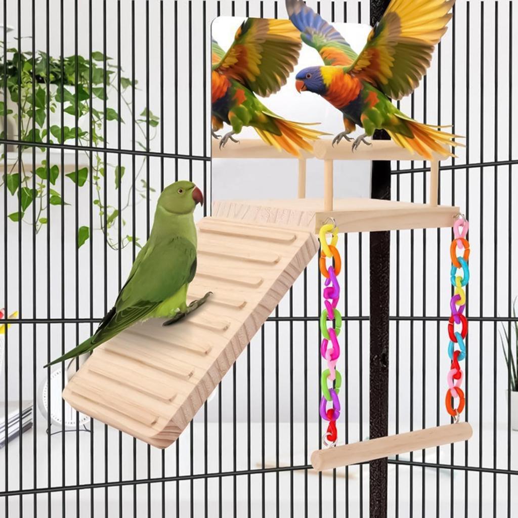Bird Perch Swing Wooden Parrot Training Stand With Climbing Ladder And Mirror Pet Cage Accessories Bird Perching Toy