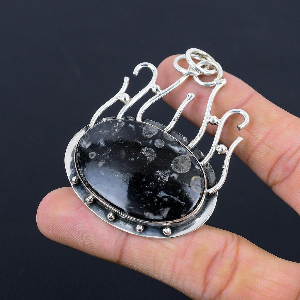 925 Silver Root Chakra Natural Black Fossil Coral Wife Artisan Pendant Jewelry