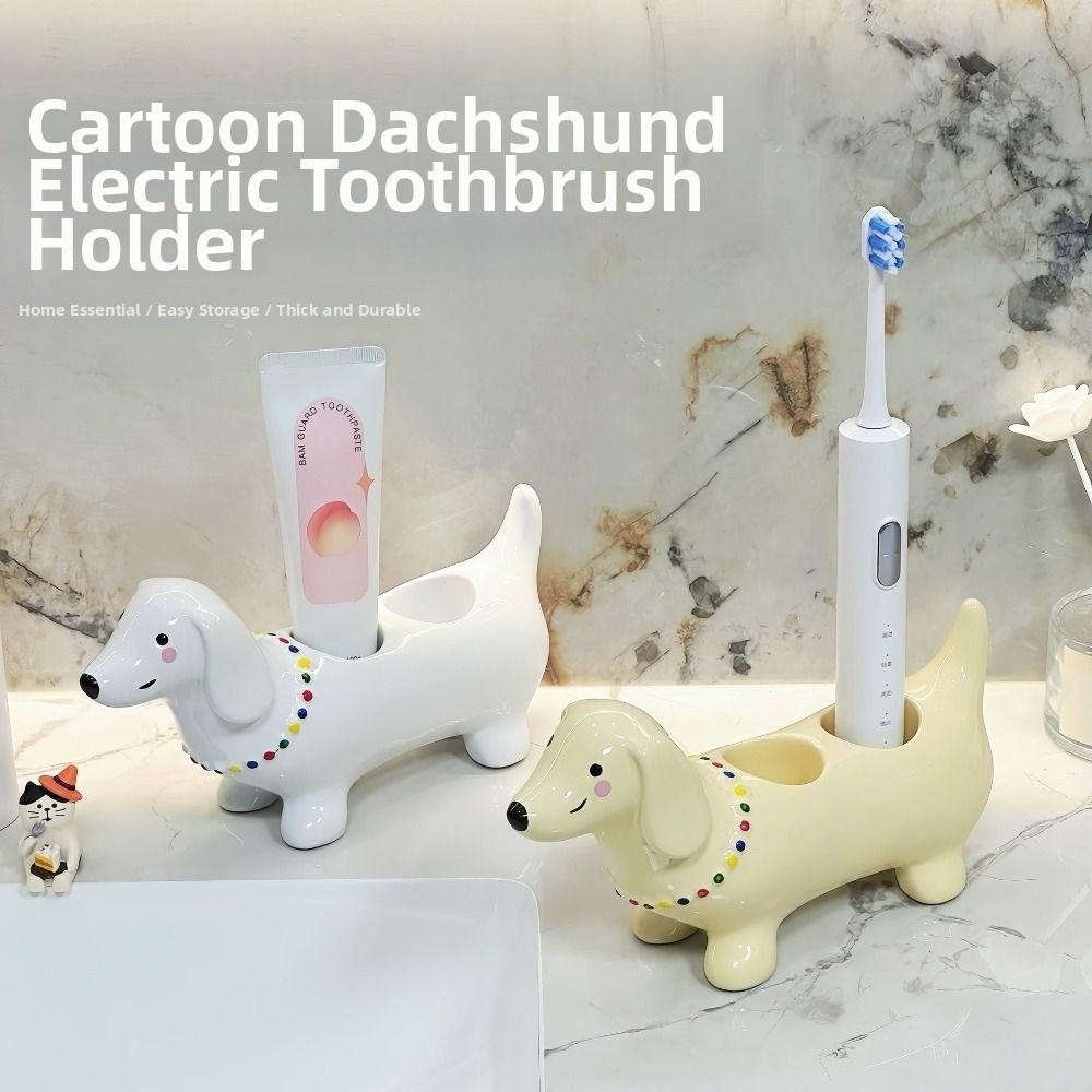 Ceramic Dachshund Toothbrush Holder 2 Slot Cartoon Electric Toothbrush Stand Cute Anti-Slip Base Makeup Brush Storage Shelf