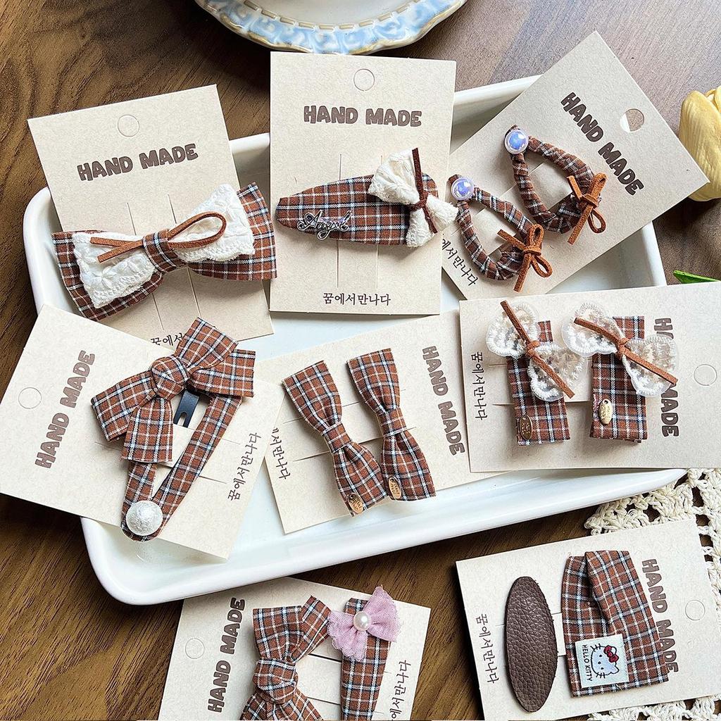 Korean Style Handmade Plaid Bow Hair Clip for Girls - Coffee Color
