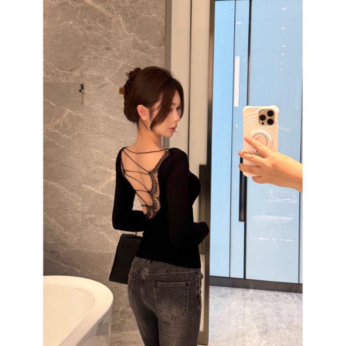 

Mature Sexy Lace Cutout Back Long Sleeve Deep V-Neck Top for Women Medium чёрный