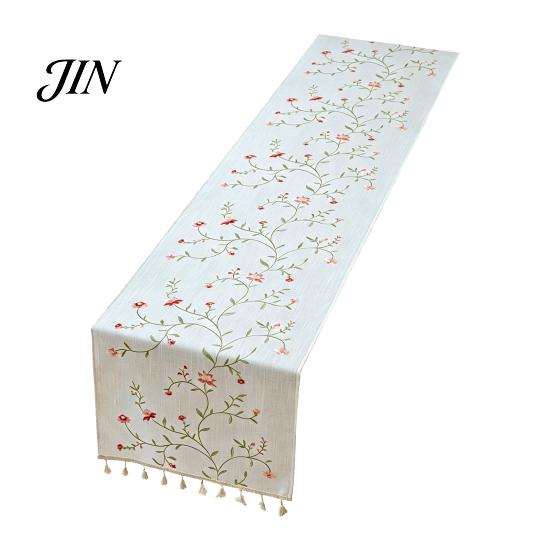 Floral Embroidery Table Runner Embroidered Runner, Elegant Dining Cover, White Rustic Durable for with Tassels Home Wedding Bridal Shower Decor