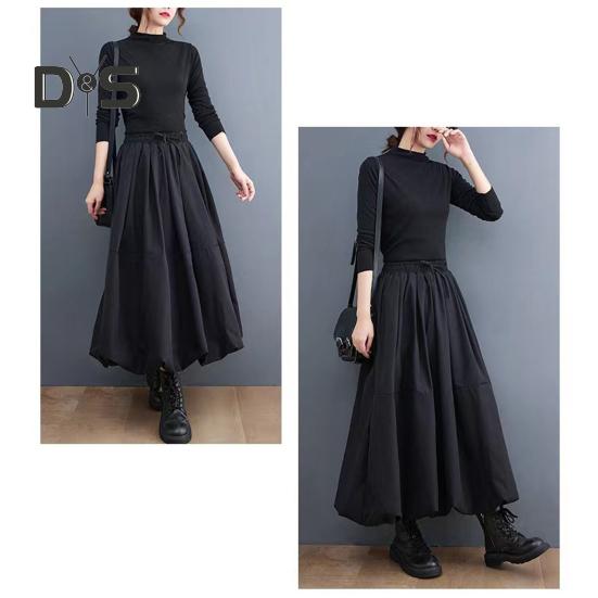 Women Maxi Skirt High Waist A Line Long Skirt Solid Color Pockets Design Female Thick Warm Elastic A Line Puff Skirt