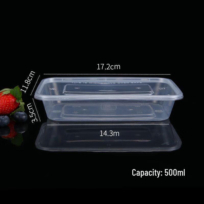 Hengfu Disposable Rectangular Plastic Takeout Lunch Box (500ml, 50-Pack)