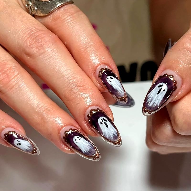 Halloween Press On Nails Medium Almond Fake Nails with Designs Bat Purple French Tip Glossy Glue On Nail 24 Pcs Natural Reusable Acrylic Nail for