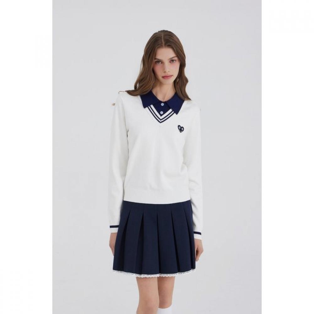 Goxo V Neck Color Knit White Smile Heart