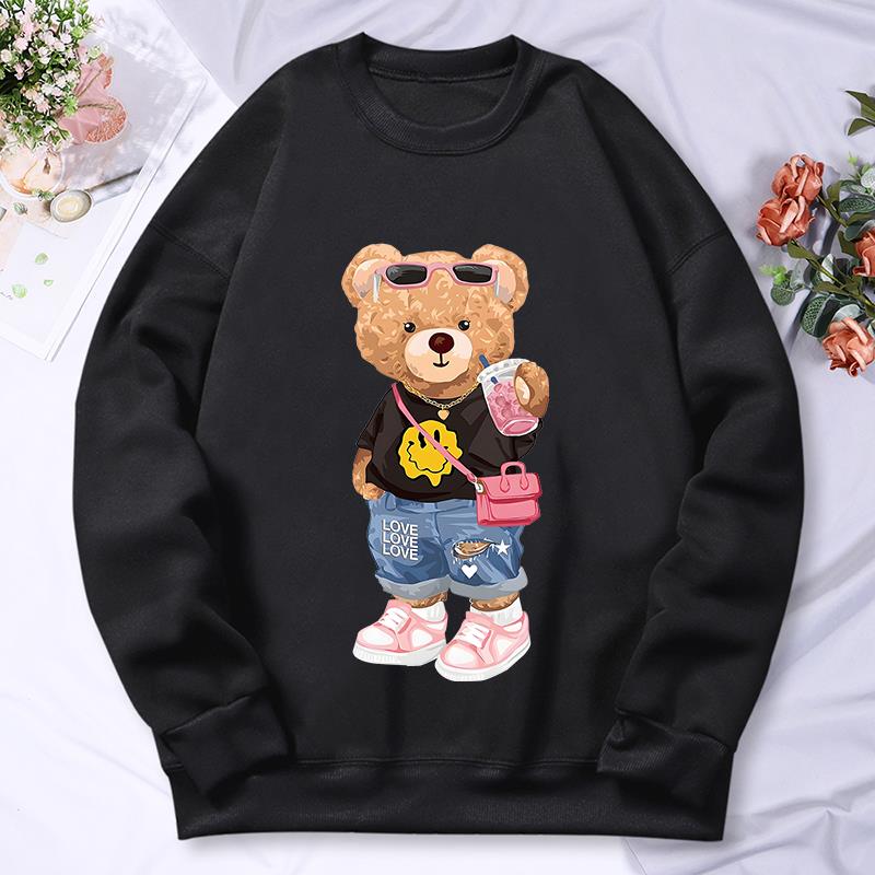 Bärenschwester Milchtee trinken Druck Damen Hoodie Herbst Warmes Sweatshirt Lässige Kapuzenpullover Hip Hop Lockere Pullover Oberteil