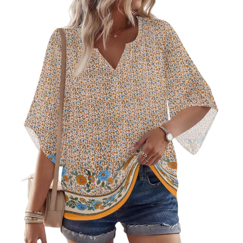 Dámské 3/4 rukáv V květinové tričko Ležérní volný tunikový top
