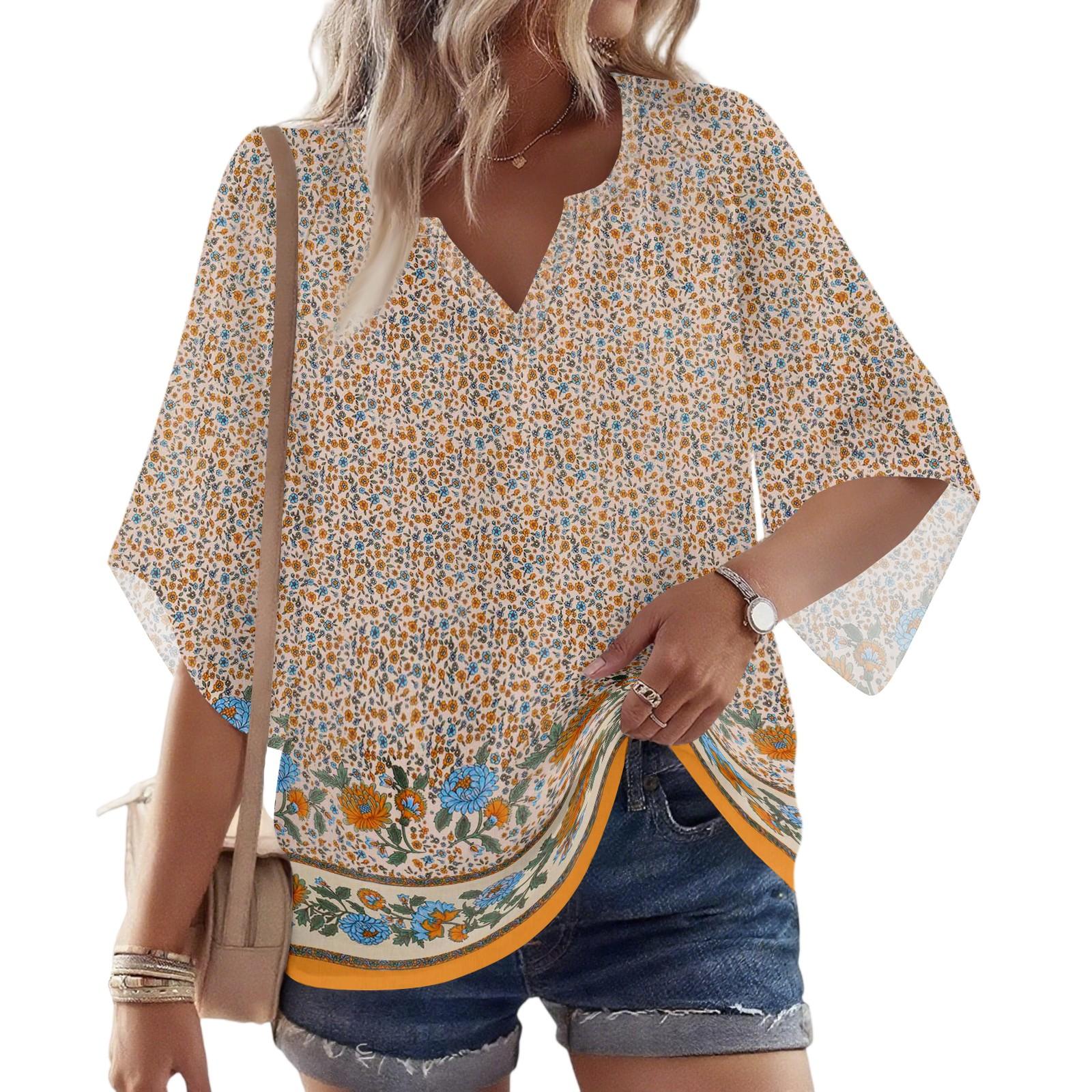 

Женская блузка с рукавом 3/4, V-образным вырезом и цветочным принтом, повседневная, свободная туника XL киноварь