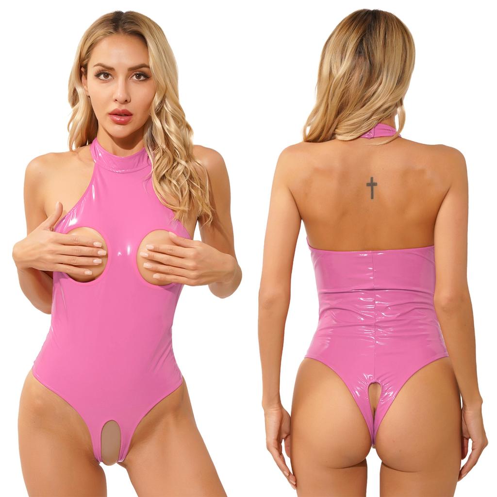 Sexy Womens Cutout Patent Leather Bodysuit Halter Neck Backless Lingerie One Piece Clubwear Erotic Open Crotch Teddies Costume