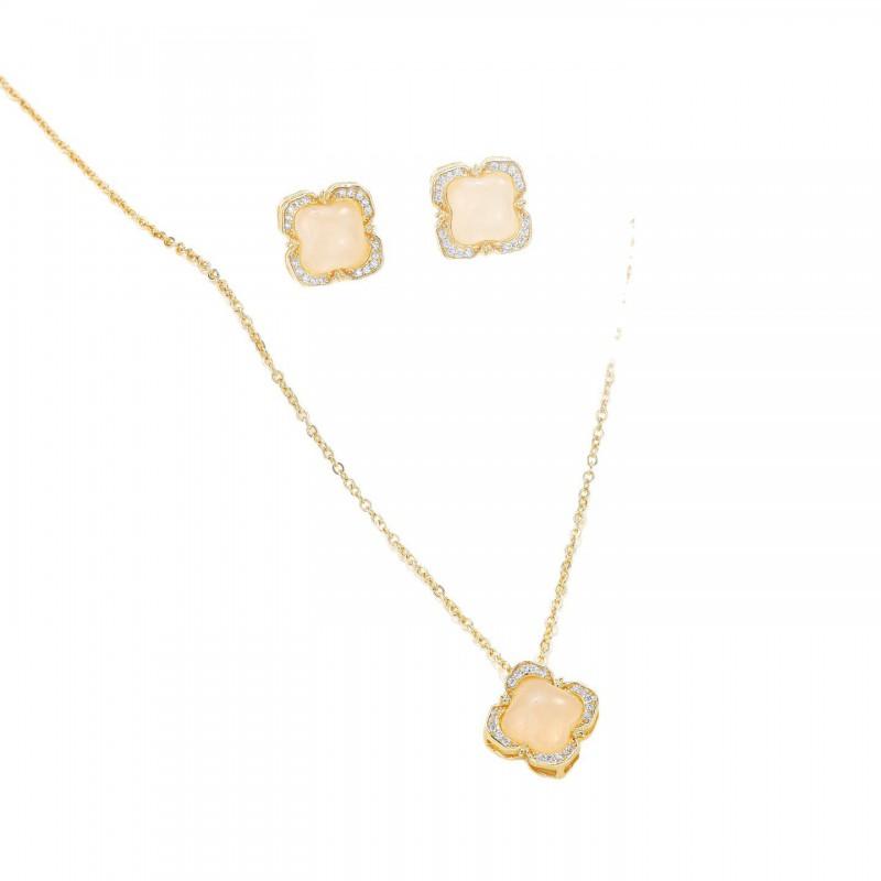 Elegant Four Leaf Clover Cat Eye Stone Earring Necklace Set Women Minimalist Chic Office Wear