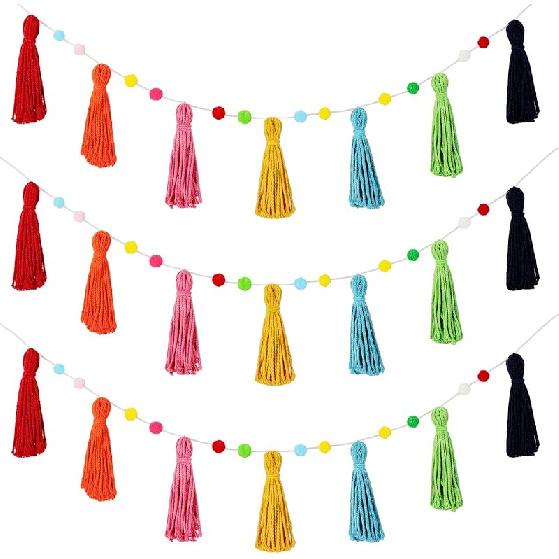 Syhood 3 Pcs Colorful Boho Tassel Garland Rainbow Pom Pom Each 50'' Colorful Tassel Garland Classroom Decoration Boho Banner for Kid Nursery Wall
