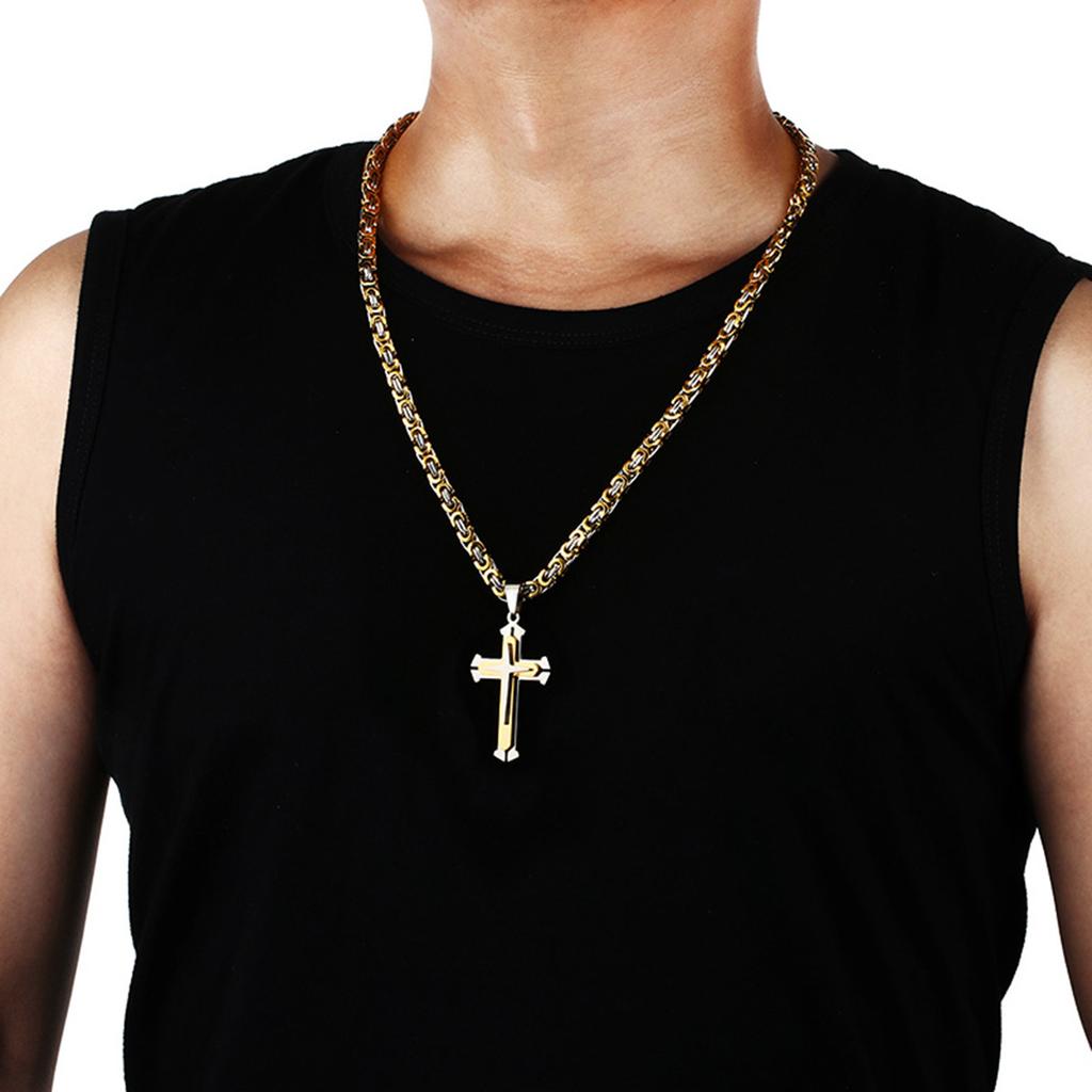 Three Layers Knight Cross Pendants Necklace for Men Stainless Steel Byzantine Link Chain Necklace Male Punk Jewelry Gift