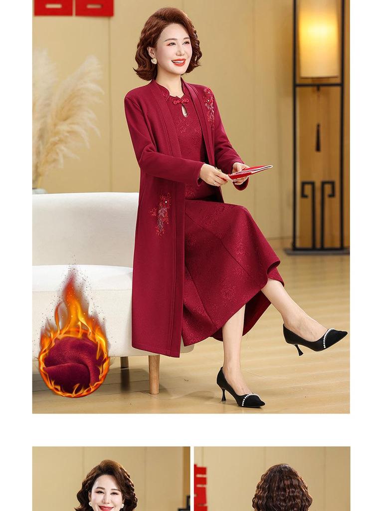 Winter Mother-in-law Wedding Outfit 2025: Velvet-Enhanced Dress Suit for Middle-Aged & Elderly Mothers.