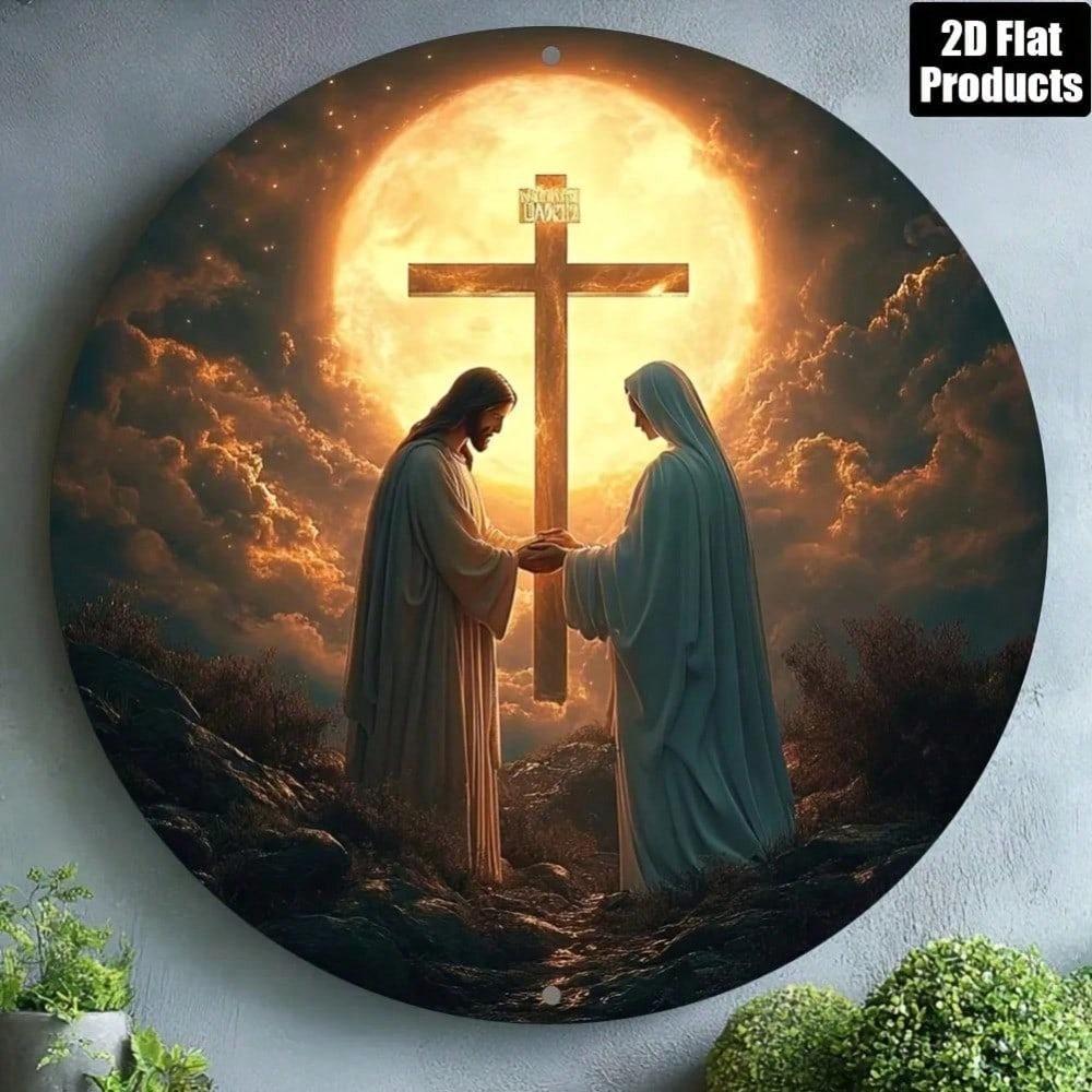Croix Chrétienne Jésus-Christ Panneau Métallique Art en Fer Blanc Rond Décor Mural Religieux Maison Église Bar Café Man Cave Intérieur Extérieur