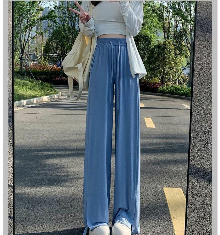 Plus Size Women's High-Waisted Wide-Leg Ice Silk Summer Pants with Split Drape and Sun Protection.