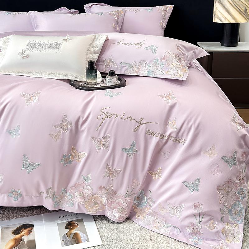 Class A Maternal And Infant Grade 240 Long-Staple Cotton4-Pcs Set Of Pure Cotton Satin Embroidered Quilt Cover, Bed Sheet Skin-Friendly Mattress