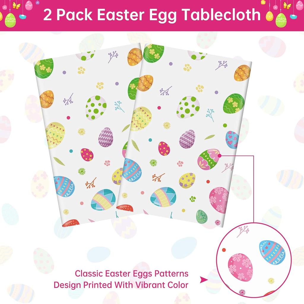 2 Pack Easter Tablecloth - Colorful Easter Eggs Table Cloth, Plastic Disposable Rectangle Spring Easters Egg Table Cover for Easters Tables