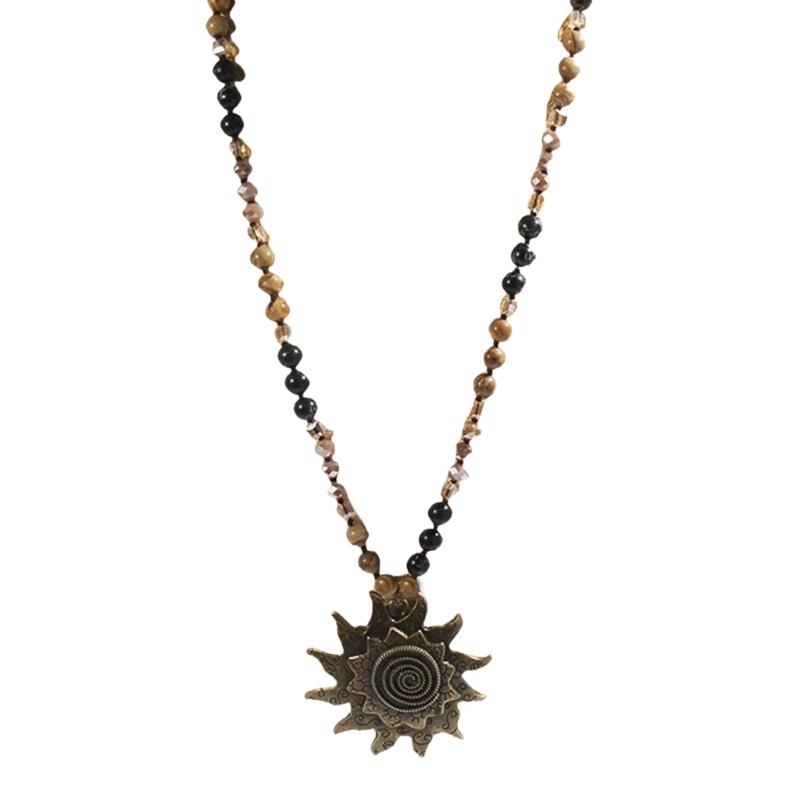 Vintage Bohemian Style Necklace Featuring 8mm Natural Stone and Glass Beads Unique Sun Pendant Neckchain for Women
