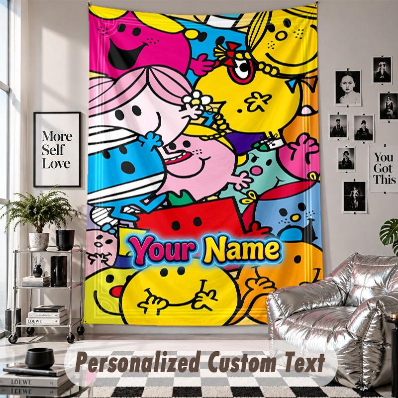 Wall Hanging Tapestry With Custom Name & Text, Mr. Men & Little Miss Decorative Tapestry For Bedroom