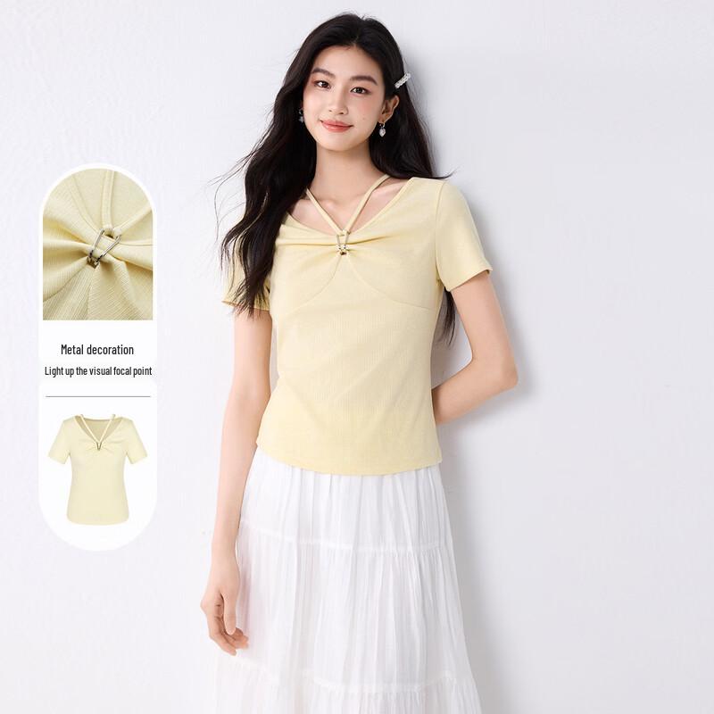FivePlus Halter V-Neck Short Sleeve T-Shirt L светло-желтого