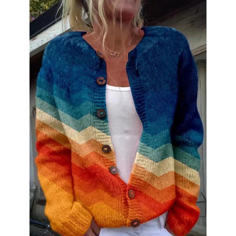 Cardigan Tricot Femme Col Rond Boutonnage Simple Imprimé Floral Manches Longues Vêtement d'Extérieur Décontracté