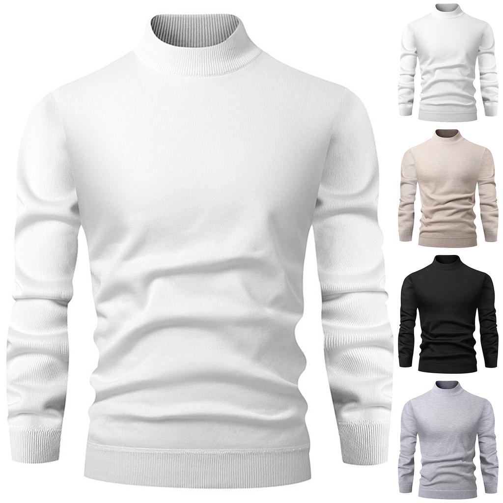 Men's Half Turtleneck Slim Fit Pullover Plus Velvet Long Sleeve Solid Color Sweater Men's Warm Knitted Sweater