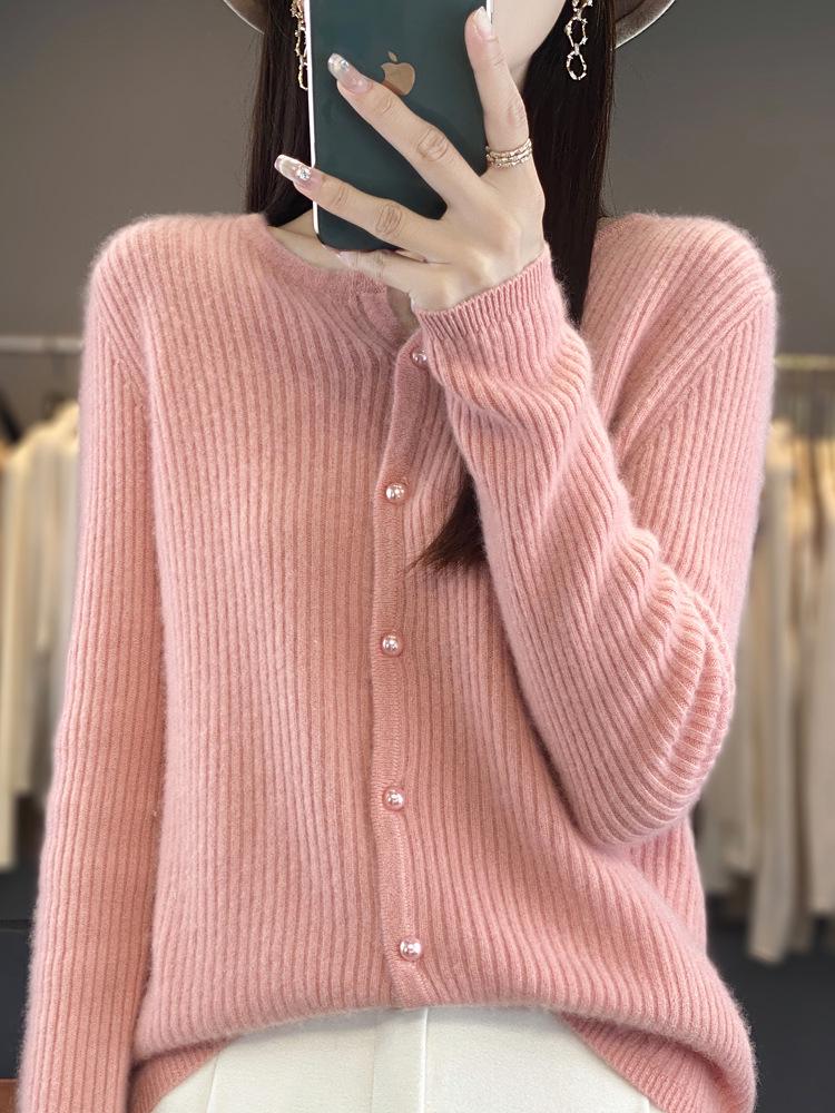 Women's Striped Wool Cardigan - New Autumn/Winter Style, Half-Open Collar, Short, Slimming Knit Cashmere Jacket