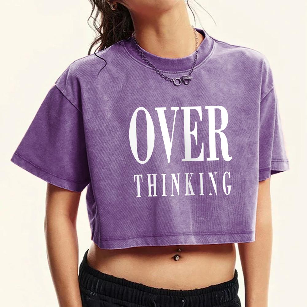Over Thinking Art Letter Print Washed T-Shirts Women Fashion Cotton Crop Top Street Clothes Retro Summer T Shirts
