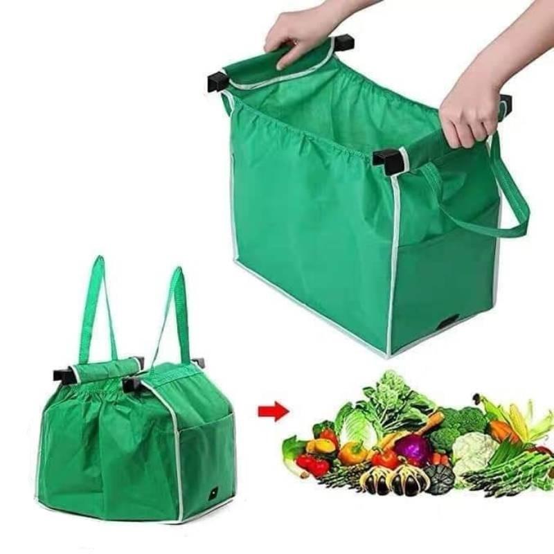 Reusable Green Non-woven Fabric Foldable Supermarket Trolley Bag Convenient Shopping Cart Bag