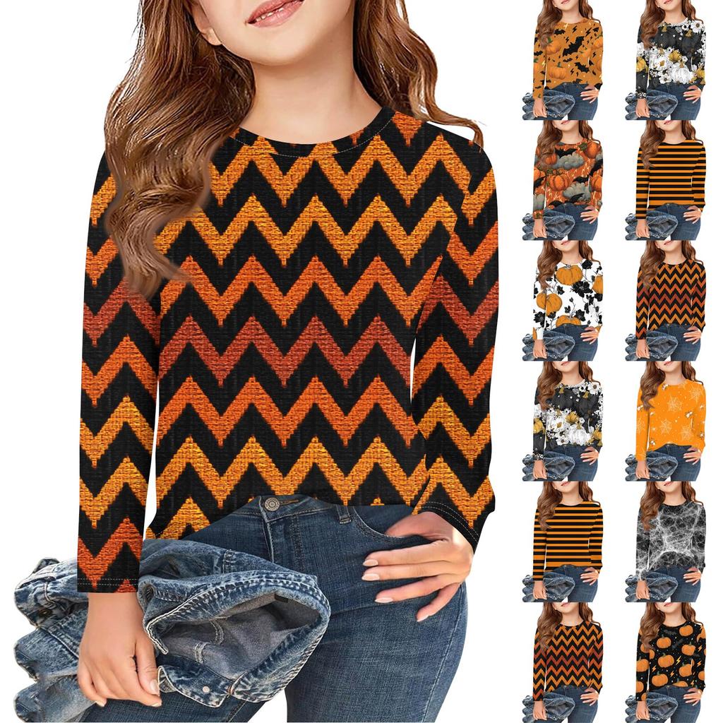 Girls Long Sleeve T Shirts Kids Fall Tops Crewneck Halloween Printed Basic Tees 3-9Y