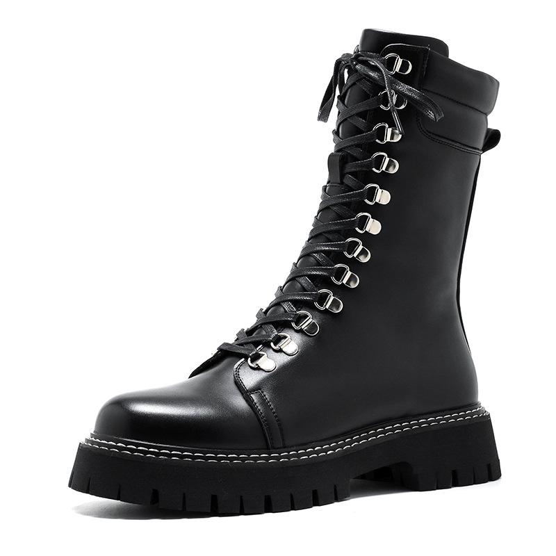 Men Luxury Fashion Motorcycle Boots Black Original Leather Shoes Lace-up High Top Knight Boot Cowboy Platform Long Botas Hombre