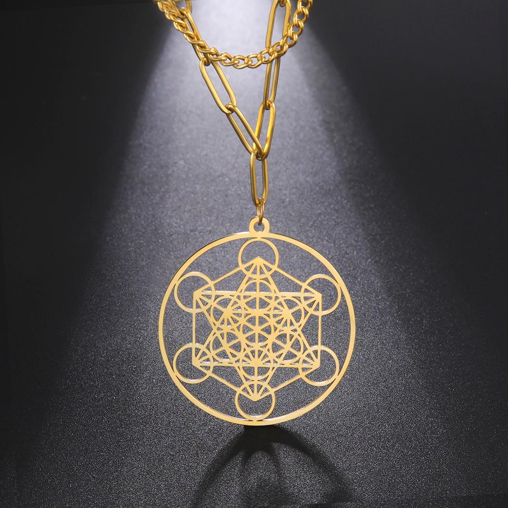 Dawapara Metatron's Cube Symbol Medal Necklace Stainless Steel Sacred Geometry Spiritual Protection Talisman Pendant