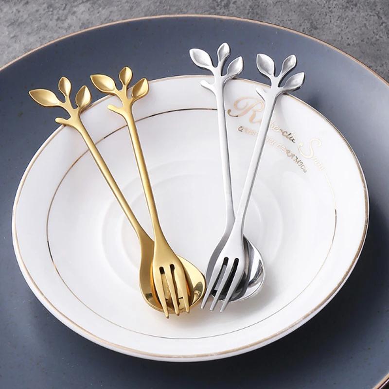 Creative Stainless Steel Leaves Spoon Fruit Fork Coffee Spoon Dessert Ice Cream Scoop Kitchen Accessories Tableware Decoration