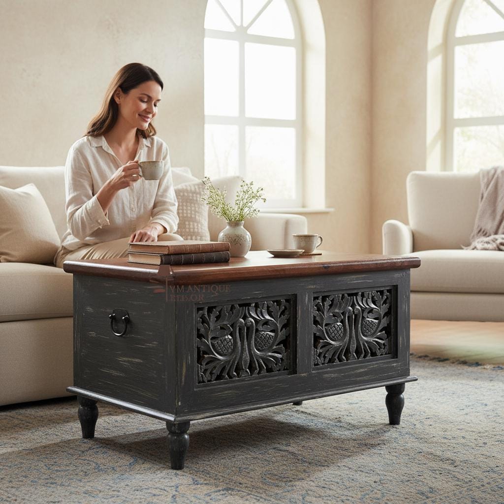 Hand-Carved Wooden Trunk with Peacock | Indian Storage Chest | Coffee table | Solid Wood Blanket Box, Carved Trunk Chest For Home Living