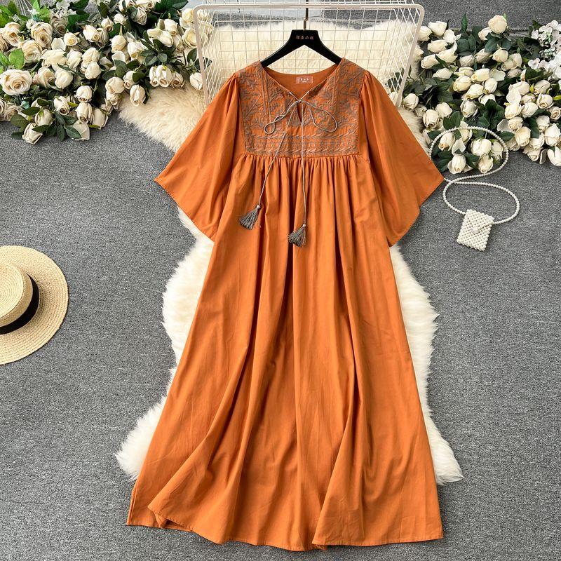 

Women s Clothing Retro Belly Covering Slim Looking Dress Embroider Orange One size