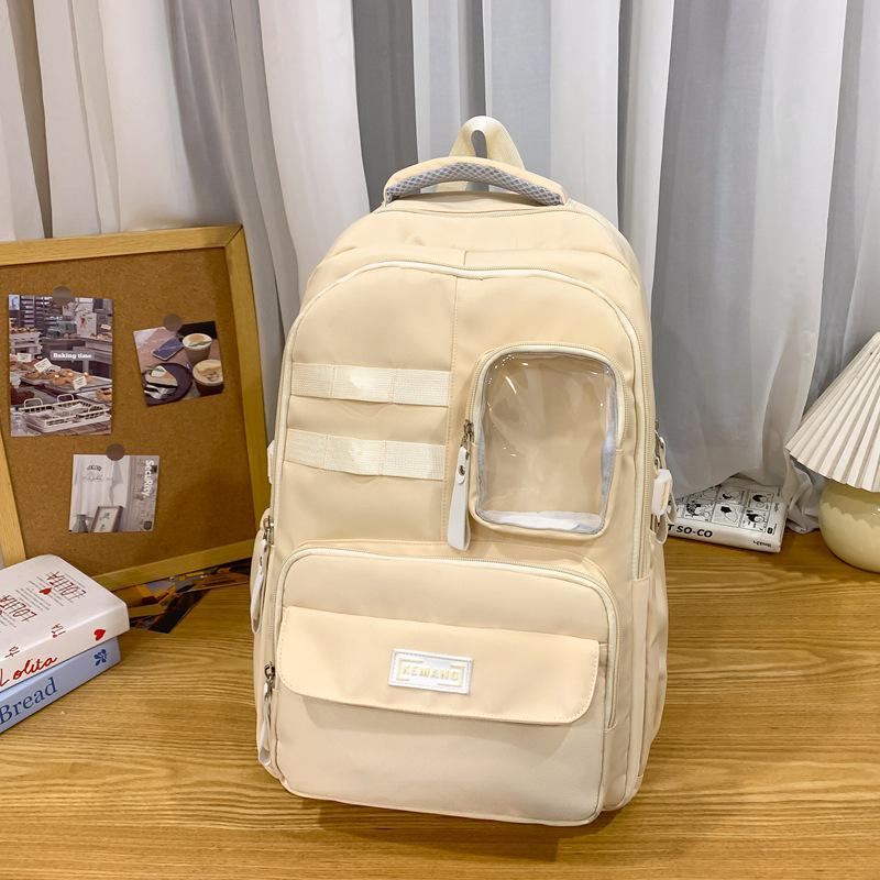 

New Stylish Large Capacity Backpack for Students - Cute Transparent Badge Design Without Pendant бежевий