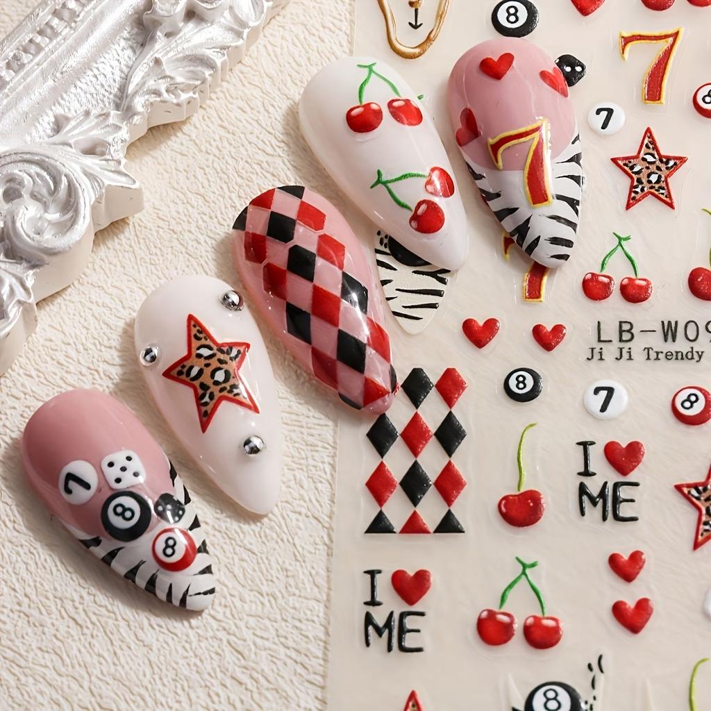 2026 Trendy Nail Art Stickers Zebra Leopard Star Plaid Cherry Heart Cartoon Self Adhesive Decals DIY Manicure Nail Decorations