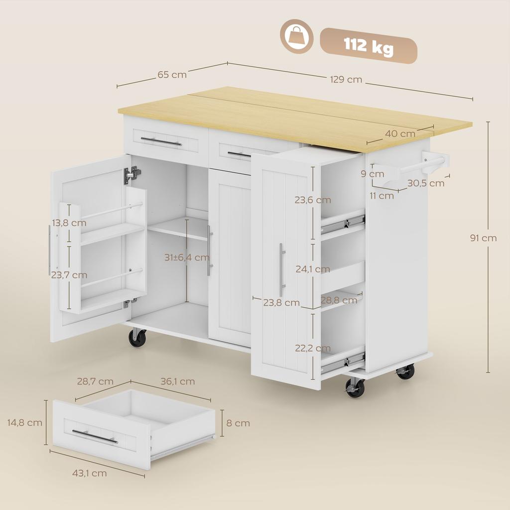 Isola Cucina Mobile, Piano Espandibile, Ante di Armadietto, Cassetti, Portasciugamani, Carrello da Cucina in MDF, Bianco