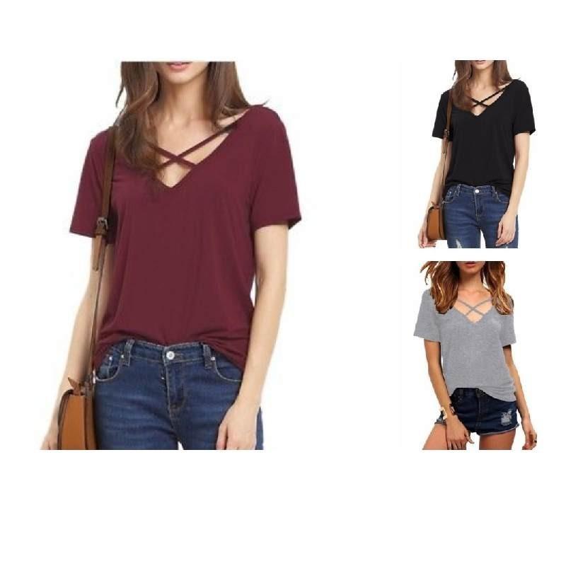 Stylowy Bawełniany T-shirt Damski Plus Size z Dekoltem V, Krótkim Rękawem, Luźnym Krój