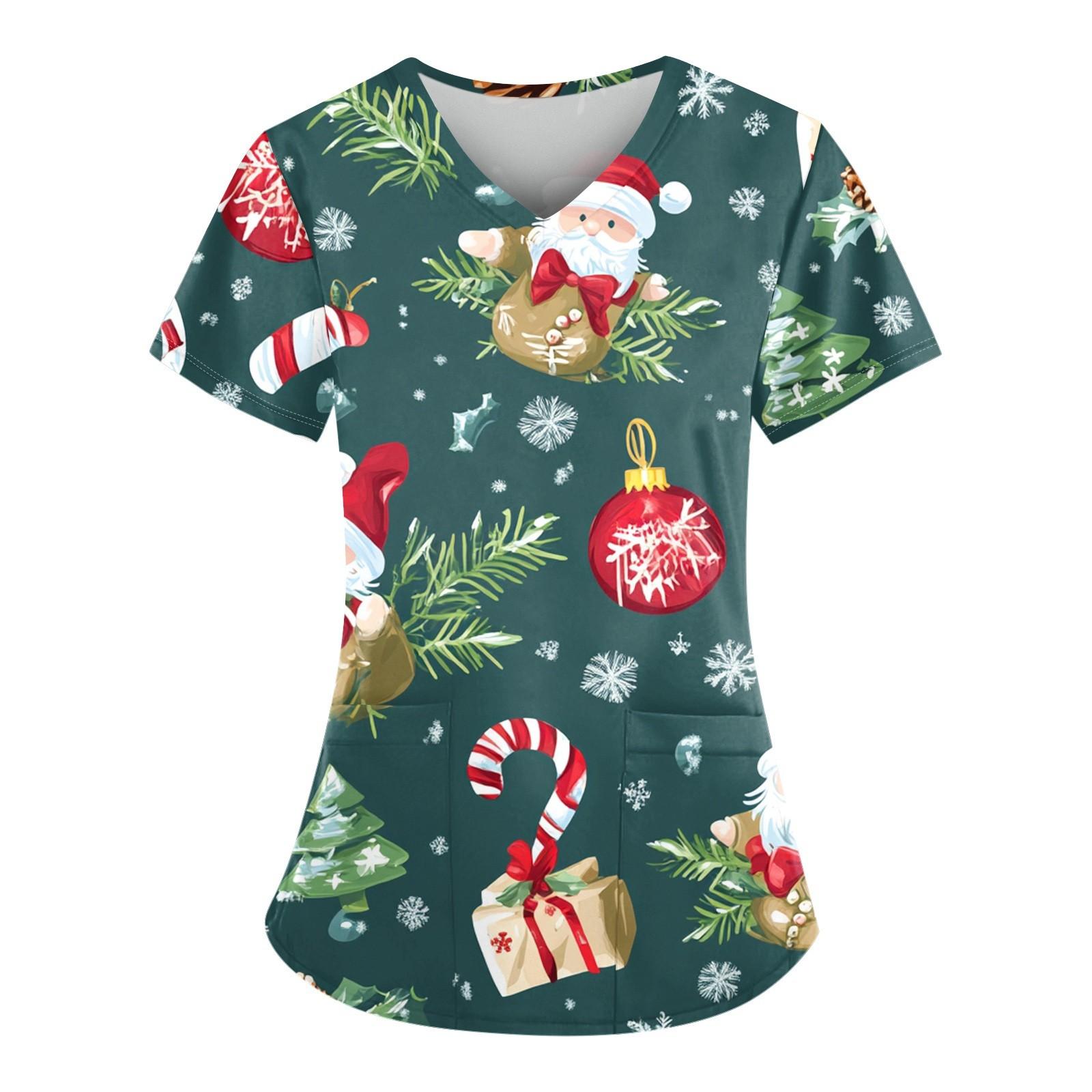 

Женский свободный облегающий топ с принтом рождественского снеговика и V-образным вырезом, короткими рукавами и карманами XXL циан