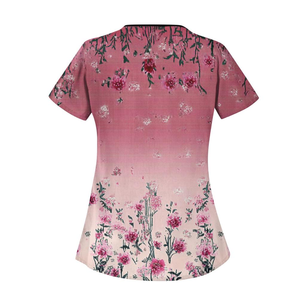 Women's Casual  Print Short Sleeve Sloping Collar Workwear Top With Double Pockets