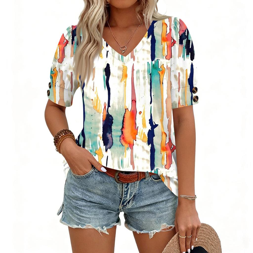 Damen Tops Kurzarmhemden Knöpfe V-Ausschnitt Mode Outfits Blusen Lässig