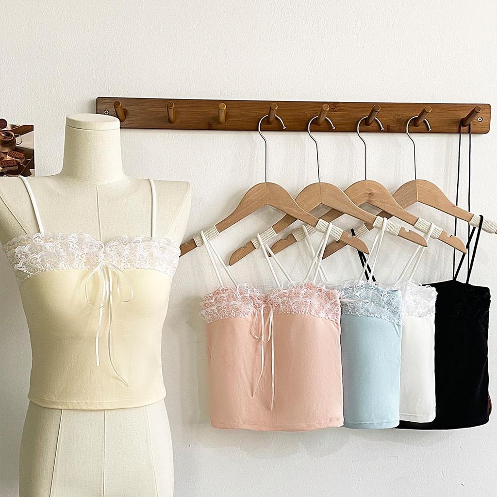 Bow Lace Spaghetti Strap Camisole Women Padded Backless Crop Tank Top