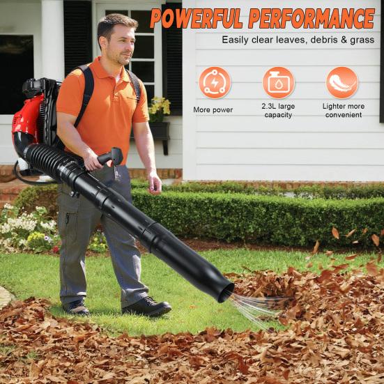 Backpack Gas Leaf Blower, 75.6cc 2 Stroke Engine, 850CFM, 200MPH, High Power Gasoline Leaf Blower, 2.3L Fuel Tank, Ergonomic Blower for Leaf, Sand,