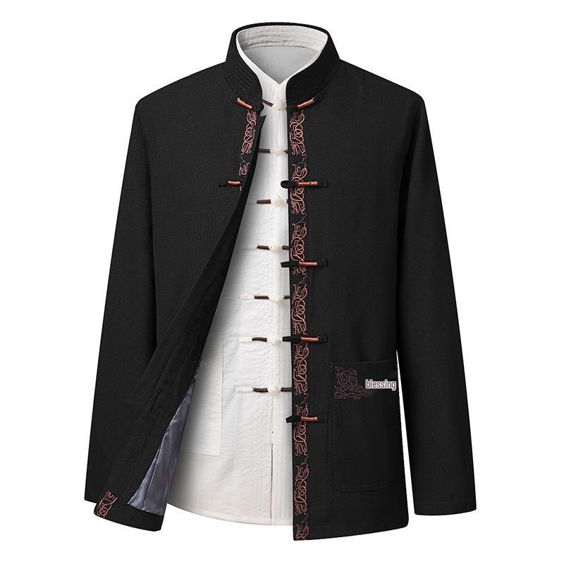 Men's Embroidered Tang Suit Set: Long Sleeve Hanfu Overcoat for Spring & Autumn