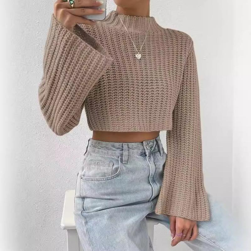 Autumn and Winter New European and American Solid Color Versatile High Waist Short Style Trumpet Sleeve Half High Collar Pullover Sweater for Women